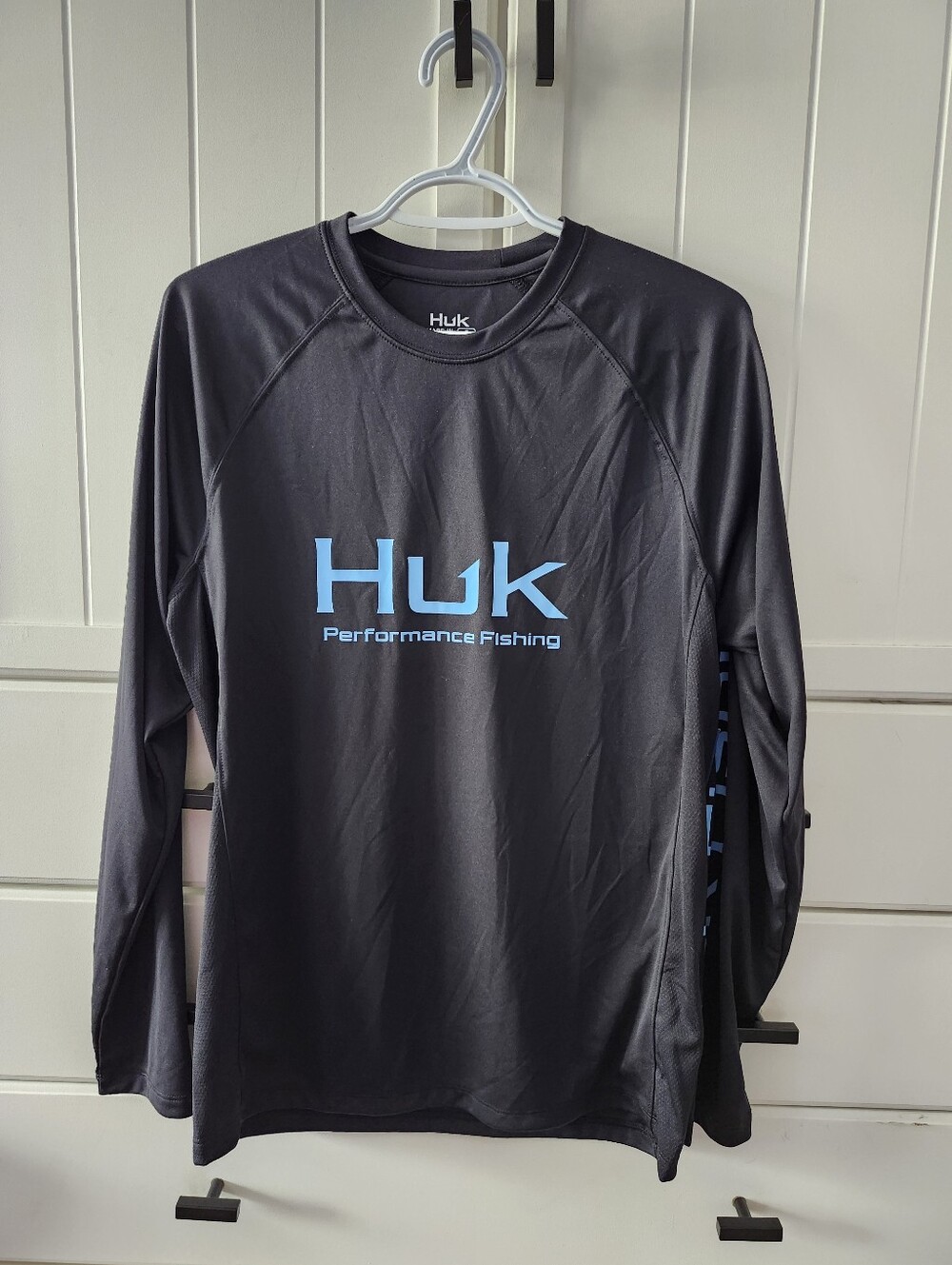 Huk Black Long Sleeve Performance Fishing Shirt with Blue Logo Sz S